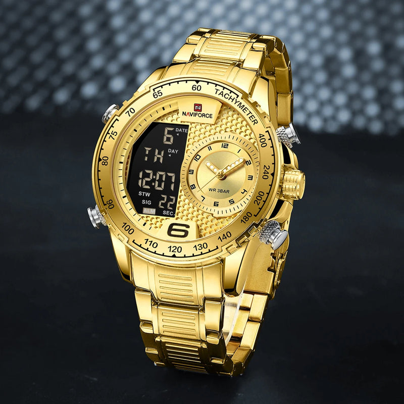 NAVIFORCE Luxury Quartz Watch for Men Honeycomb Dial Design Stainless Steel Wristwatch Dual Display Digital Watches Male Clock