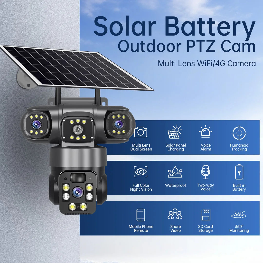 12MP 6K 3 Lens 3 Screen 4G Outdoor Solar Camera Wireless WiFi IP Cameras PIR Auto Tracking Solar Security CCTV Surveillance Cam