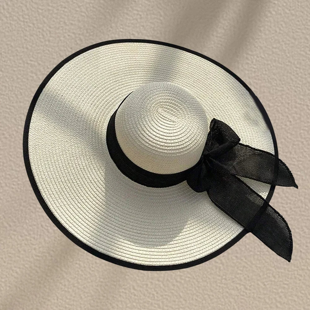 1Pc Women's Seaside Bow Beach Hat Oversize Straw Hat Women's Summer Sun Block Big Brim Hat Suitable For Sun Protection