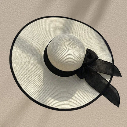1Pc Women's Seaside Bow Beach Hat Oversize Straw Hat Women's Summer Sun Block Big Brim Hat Suitable For Sun Protection