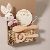 3-4 pcs baby comb brush set newborn gift set Natural Wool beech  baby crochet bunny rattle baby shower gift