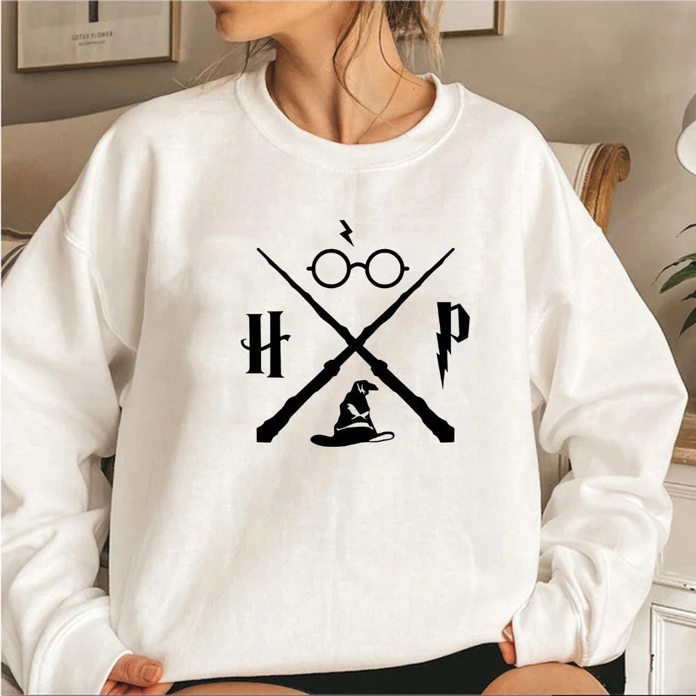 Sudadera con sombrero de mago, sudadera con varita de mago, jerséis HP, sudaderas con capucha gráficas unisex de manga larga, sudaderas de escuela de magia, ropa de calle, top