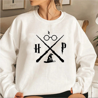 Sudadera con sombrero de mago, sudadera con varita de mago, jerséis HP, sudaderas con capucha gráficas unisex de manga larga, sudaderas de escuela de magia, ropa de calle, top