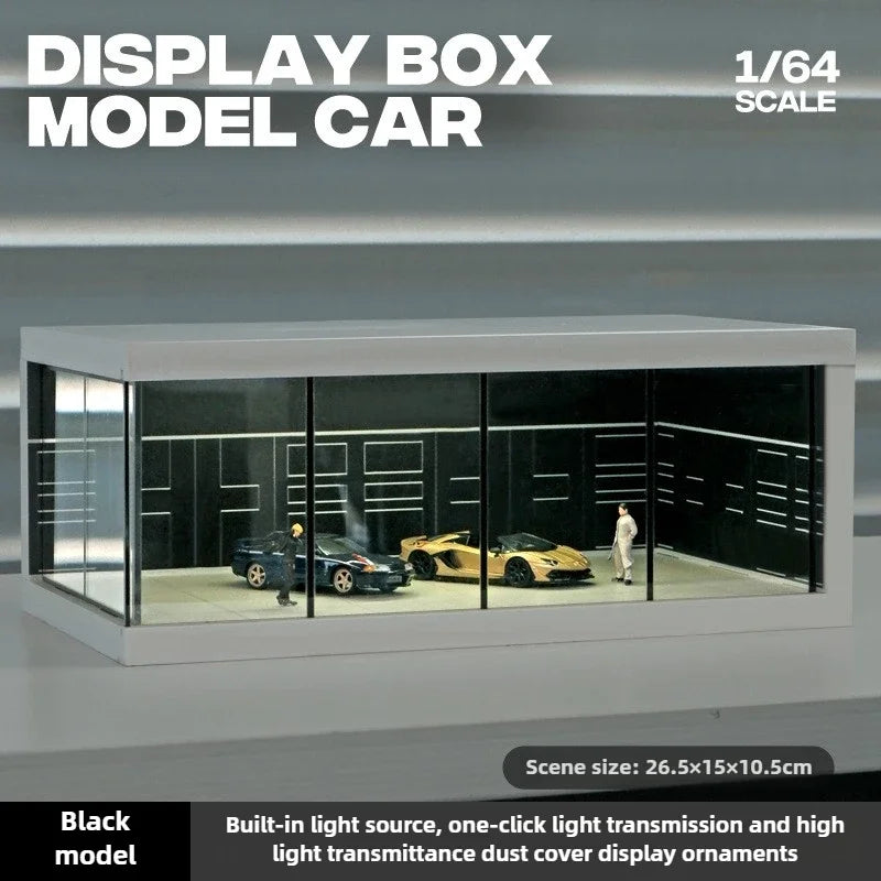 1/64 Simulated Alloy Car Model Showroom for Boy Miniature Acrylic Parking Lot Car Display Stand with Lights Kids Collection Toys