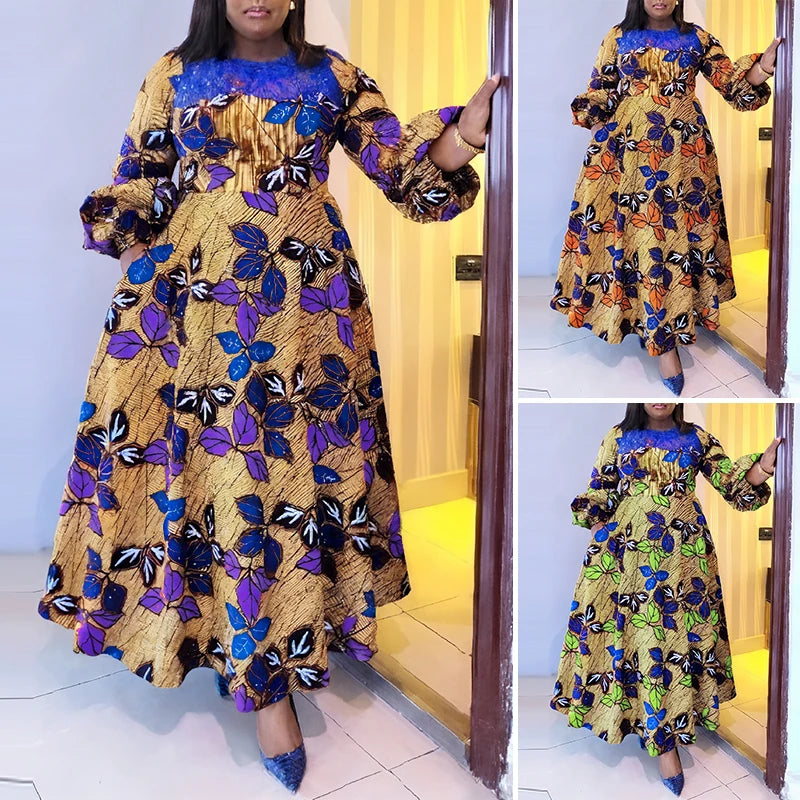 Plus Size VONDA Women Bohemian Maxi Dresses 2024 Casual Floral Printed Sundress Lace Patchwork Round Neck Elegant Robe Vestido