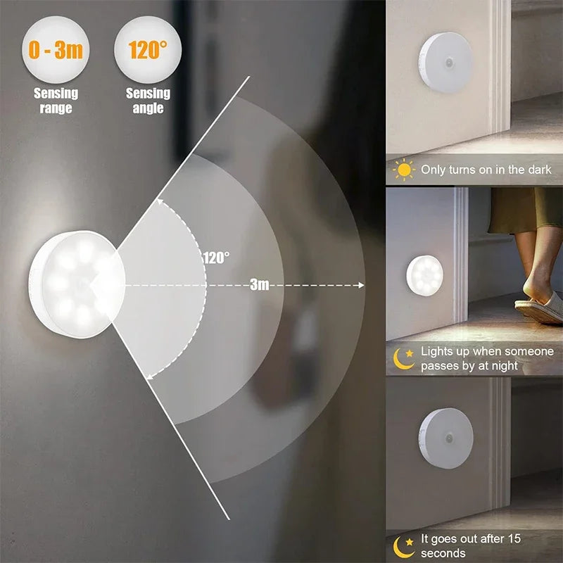 Kit com 2 a 6 unidades de Luz Noturna LED com Sensor de Movimento, Recarregável via USB, 3 Cores de Luz – Ideal para Armários, Guarda-roupas, Escadas e Closets (Sem Fio)