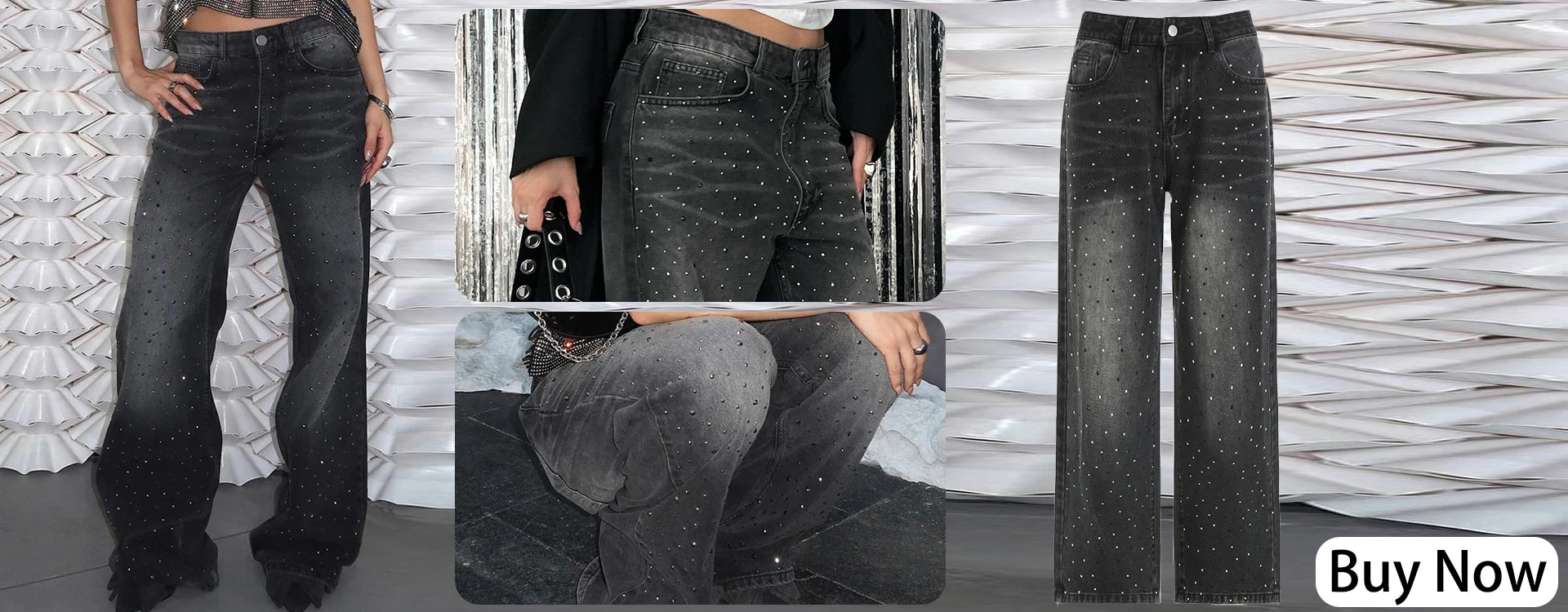 BKQU - Pantalones vaqueros rectos y holgados para mujer, cintura alta, pierna ancha, con diamantes de imitación, largos, moda urbana 2021, pantalones brillantes con diamantes
