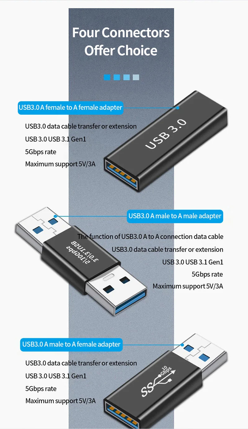 Conector USB 3.0, adaptador USB a USB de 5 Gbps Gen1, macho a macho, hembra, convertidor USB, cable extensor para SSD y HDD, enchufe de extensión USB 3.0.