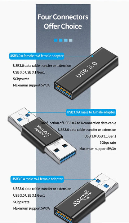 Conector USB 3.0, adaptador USB a USB de 5 Gbps Gen1, macho a macho, hembra, convertidor USB, cable extensor para SSD y HDD, enchufe de extensión USB 3.0.