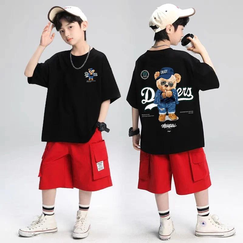 2025 Children's Clothing American Vintage Bear Print Graphic T Shirts Boys Summer Cotton Short-sleeved T-shirt Tops Streetwear