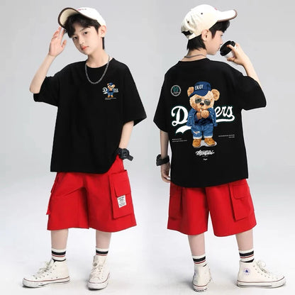 2025 Children's Clothing American Vintage Bear Print Graphic T Shirts Boys Summer Cotton Short-sleeved T-shirt Tops Streetwear