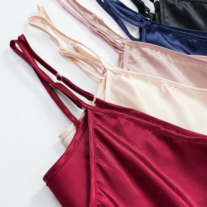 Camisón sexy de satén para mujer, de seda sintética, con tirantes finos, cuello en V, sin mangas