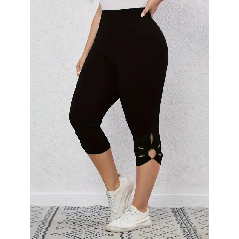 Mulheres cintura alta calças de ioga, calças apertadas elásticas, oco para fora, monocromático, elegante, cortada, verão, plus size S-8XL