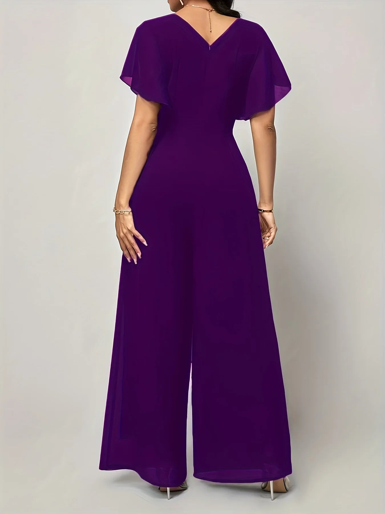 Women's New Solid V Neck Flutter Sleeve Tie Waist Split Wide Leg Jumpsuit Elegant Slimming Versatile Party Daily Casual Jumpsuit