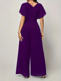 Women's New Solid V Neck Flutter Sleeve Tie Waist Split Wide Leg Jumpsuit Elegant Slimming Versatile Party Daily Casual Jumpsuit