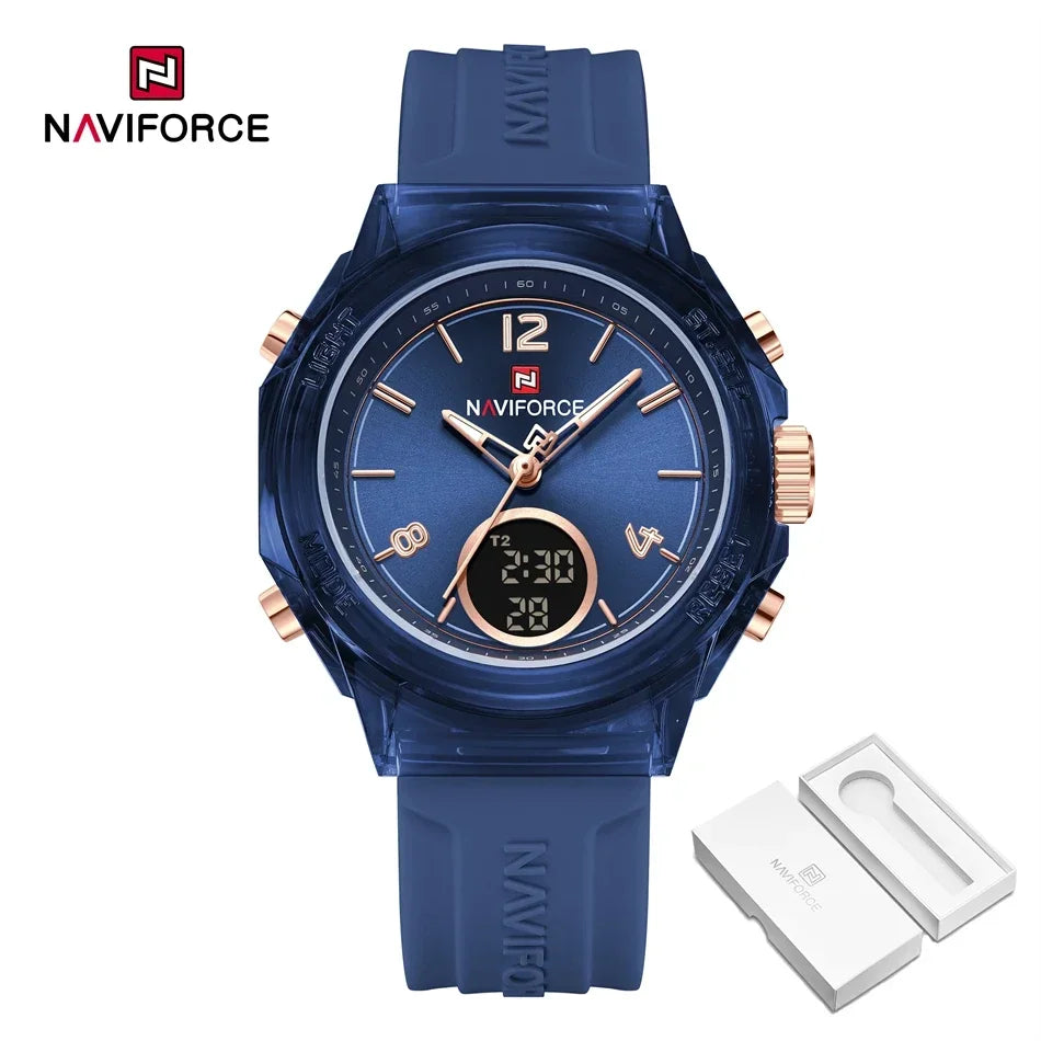 Relojes NAVIFORCE para mujer, nuevo diseño, esfera pequeña, deportivos, para mujer, resistente al agua hasta 5 ATM, reloj de pulsera de cuarzo con pantalla LCD digital, reloj para mujer
