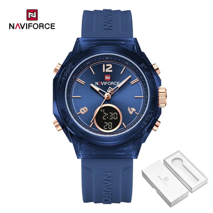 Relojes NAVIFORCE para mujer, nuevo diseño, esfera pequeña, deportivos, para mujer, resistente al agua hasta 5 ATM, reloj de pulsera de cuarzo con pantalla LCD digital, reloj para mujer