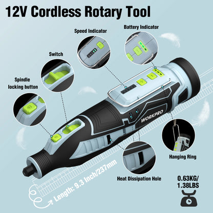 WORKPRO 12V Cordless Rotary Tool With Charger 5-speed 2.0Ah Mini Electric Grinder Machine Polishing Tools  & 114 Accessories
