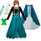 Girls Party Elegant Dresses Anna Princess Girl Cosplay Costume Dark Green Dress With Cloak Carnival Party Kids Birthday Clothes