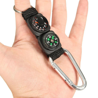 Mini mosquetón universal multifunción 3 en 1 para camping, escalada, senderismo, con llavero, brújula, termómetro y llavero.