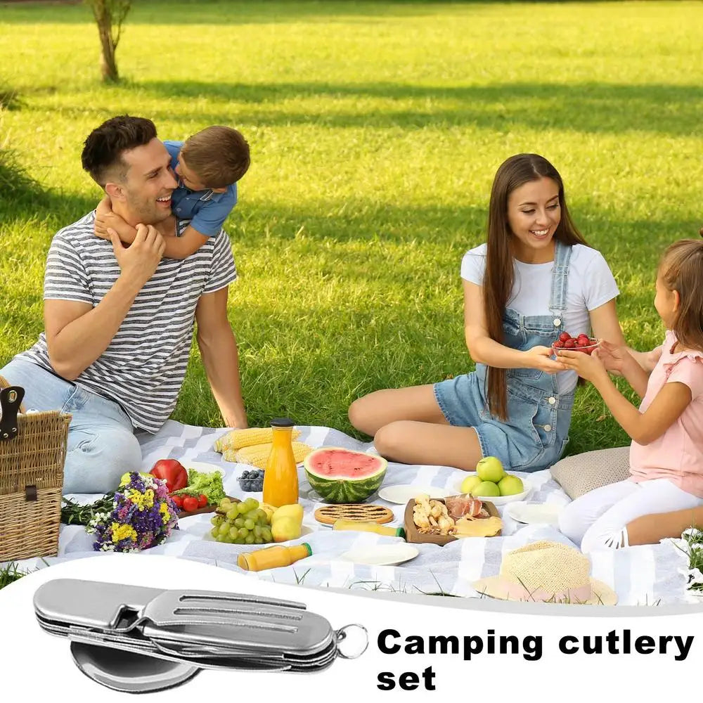 Outdoor Tableware Set Spoon Fork Knife Bottle Opener Stainless Steel 4 in 1 Foldable Camping Cutlery Set Picnic Utensil Set