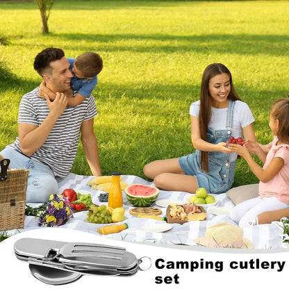 Outdoor Tableware Set Spoon Fork Knife Bottle Opener Stainless Steel 4 in 1 Foldable Camping Cutlery Set Picnic Utensil Set