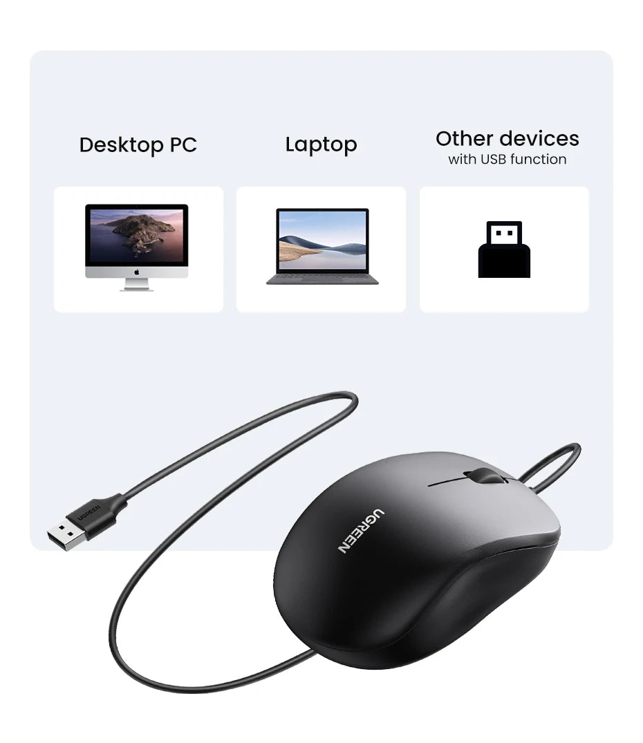 UGREEN USB Wired Mouse with Ergonomic Design 1200 DPI 3 Buttons Mouse for Laptops and PCs