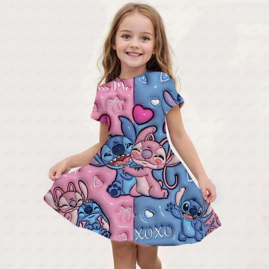 Ropa infantil de verano con estampado 3D de punto romántico, vestido de manga corta para niñas de 3 a 14 años, ropa de rendimiento para niños.