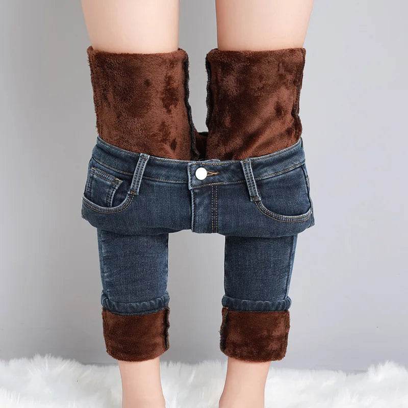 Women's Thermal Jeans Winter Snow Warm Plush Stretch Jeans Lady Skinny Thick Fleece Denim Long Pants Retro Blue Pencil Trousers