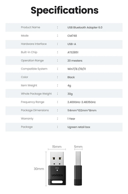 USB Bluetooth Adapter, Bluetooth 6.0 Dongle for PC Windows 11/10/8.1, Bluetooth Receiver & Transmitter for Keyboard/Mouse