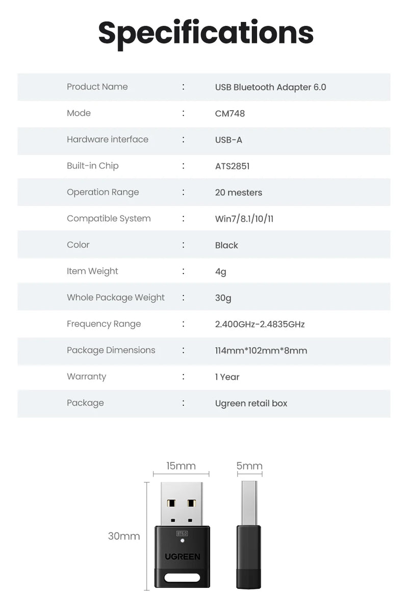 USB Bluetooth Adapter, Bluetooth 6.0 Dongle for PC Windows 11/10/8.1, Bluetooth Receiver & Transmitter for Keyboard/Mouse