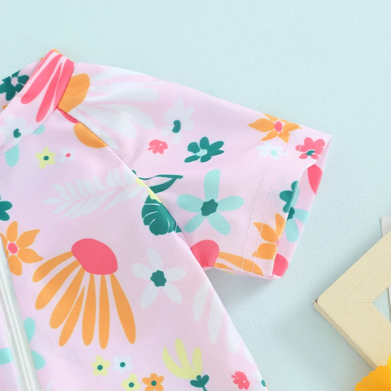Traje de baño para niñas pequeñas, con protección contra erupciones, con cremallera, manga corta, estampado floral, para bebés