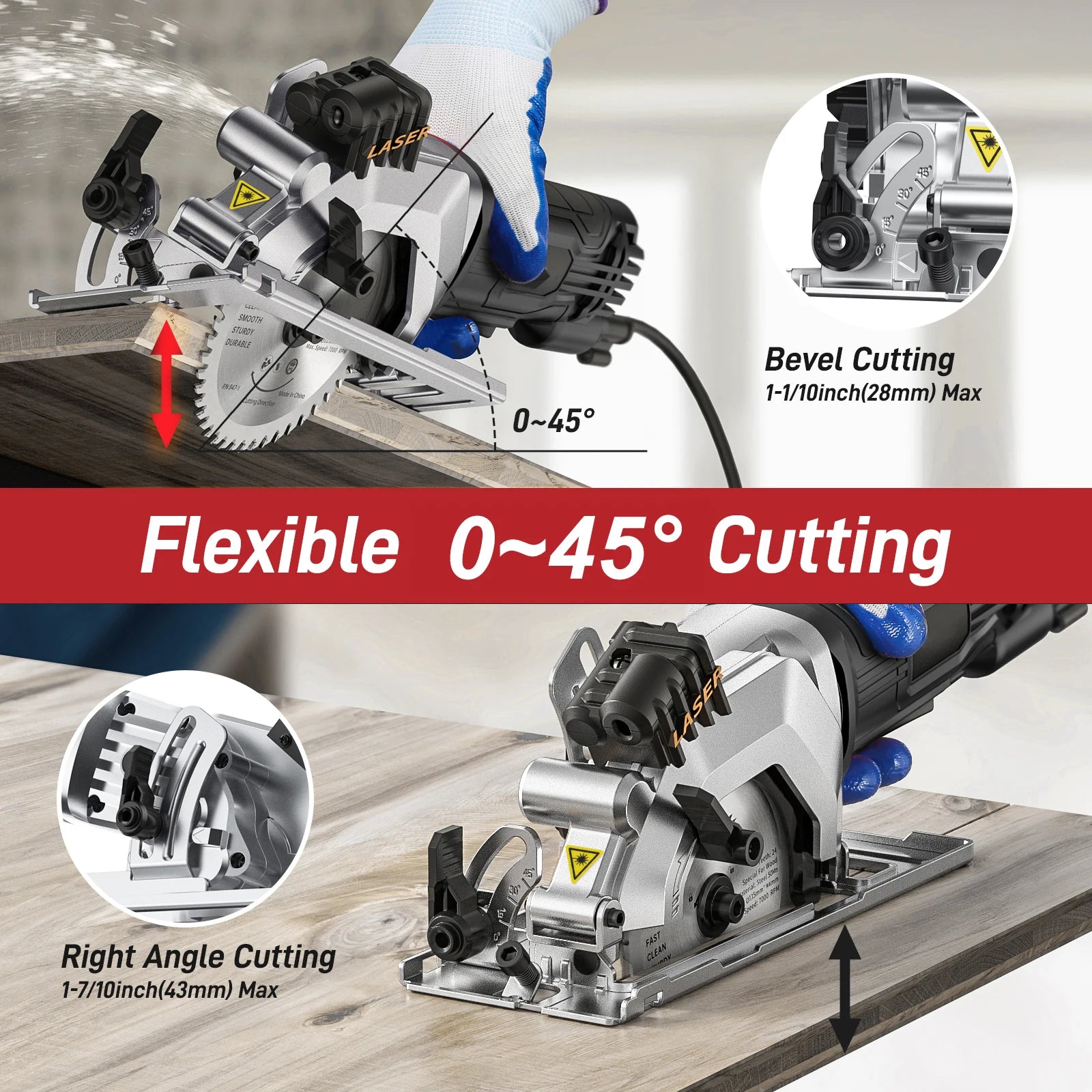 Geevorks Mini Circular Saw 4.8 Amp 4-1/2 Inch Compact Circular Saw 3700RPM Electric Circular Saws with Laser Cutting Guide