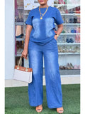 Women Pant Set Two Piece Sets Denim Round Neck Short Sleeve Tops Casual Loose Wide Leg Long Pants High Waist Y2k Streetwear