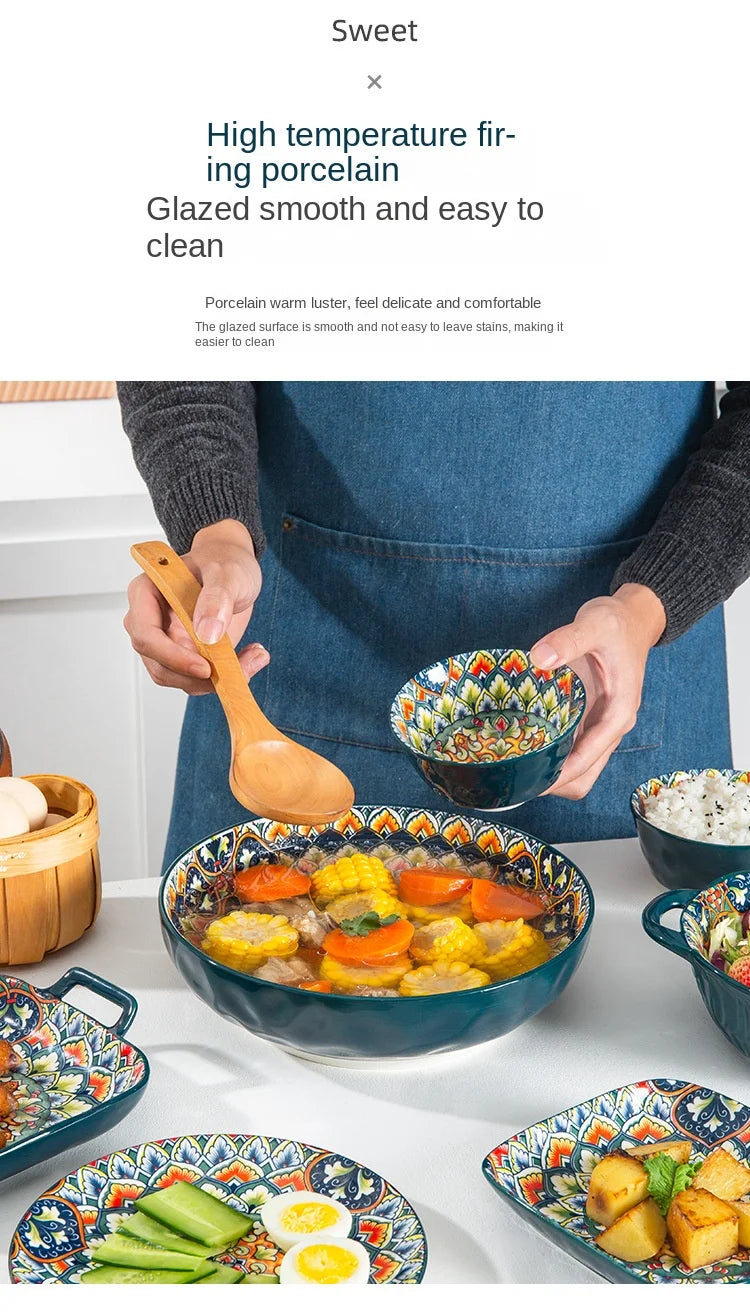 1Pcs Bohemia Retro Ceramic Dinner Plates Sets Food Plate Household Tableware Set Breakfast Plates Salad Soup Bowls Dinnerware