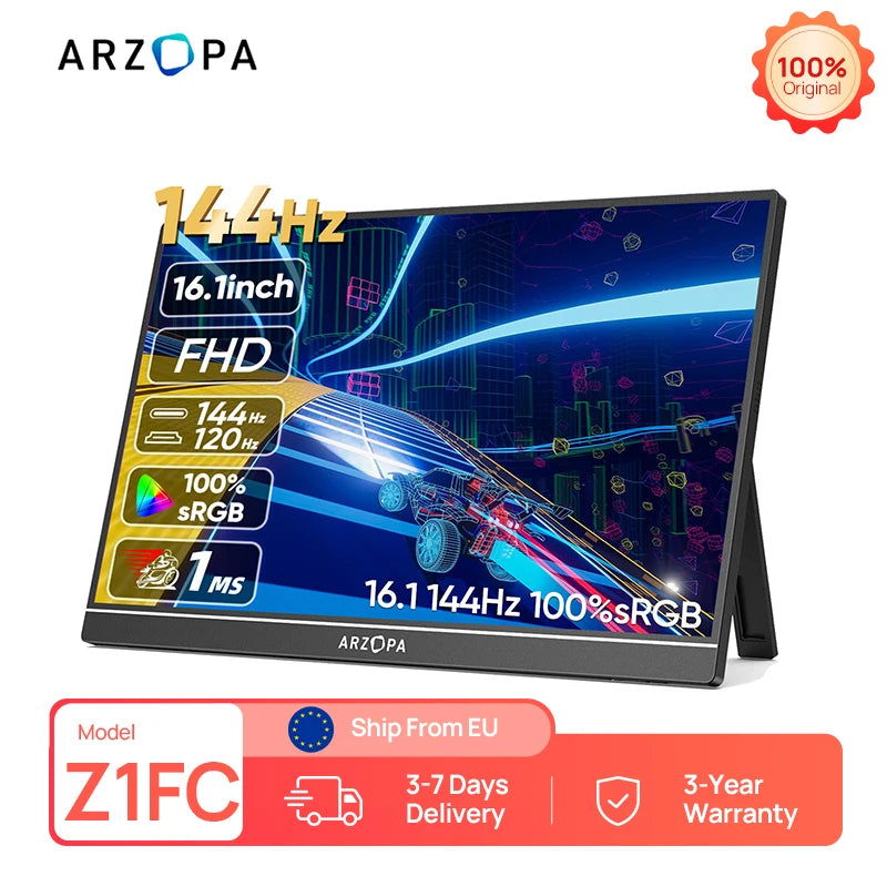 ARZOPA 16.1 inches Portable Monitor,144hz,100%sRGB,1080P FHD,IPS Screen, External Second Screen for Laptop/PC/PS5/Mac/Xbox Z1FC