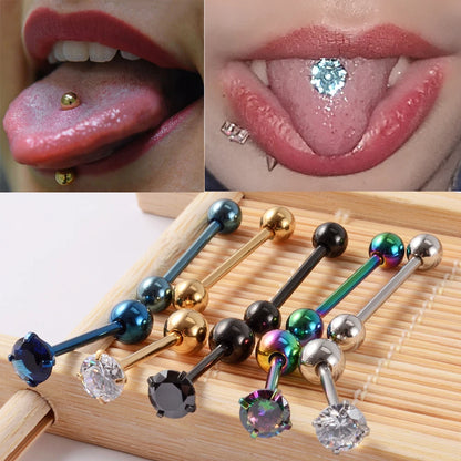 2 piercings de lengua de acero quirúrgico antialérgicos con circonitas y bola, joyería de moda.