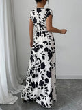 Ladies' elegant black and white floral print V-neck elastic drawstring waist cinching A-line vacation dress
