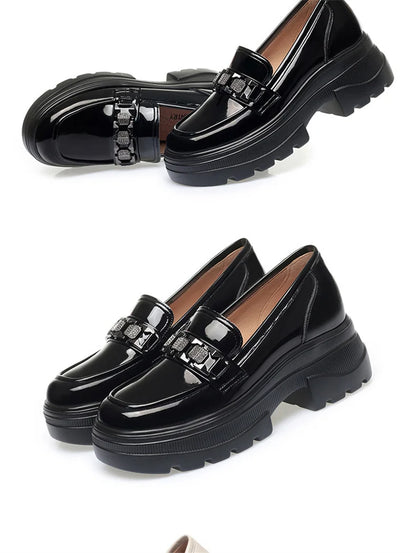 5.5cm British Style Thick Bottom Patent Leather Loafers Women's Platform Shoes 2024 Spring Shallow Block Heels Shoes Office