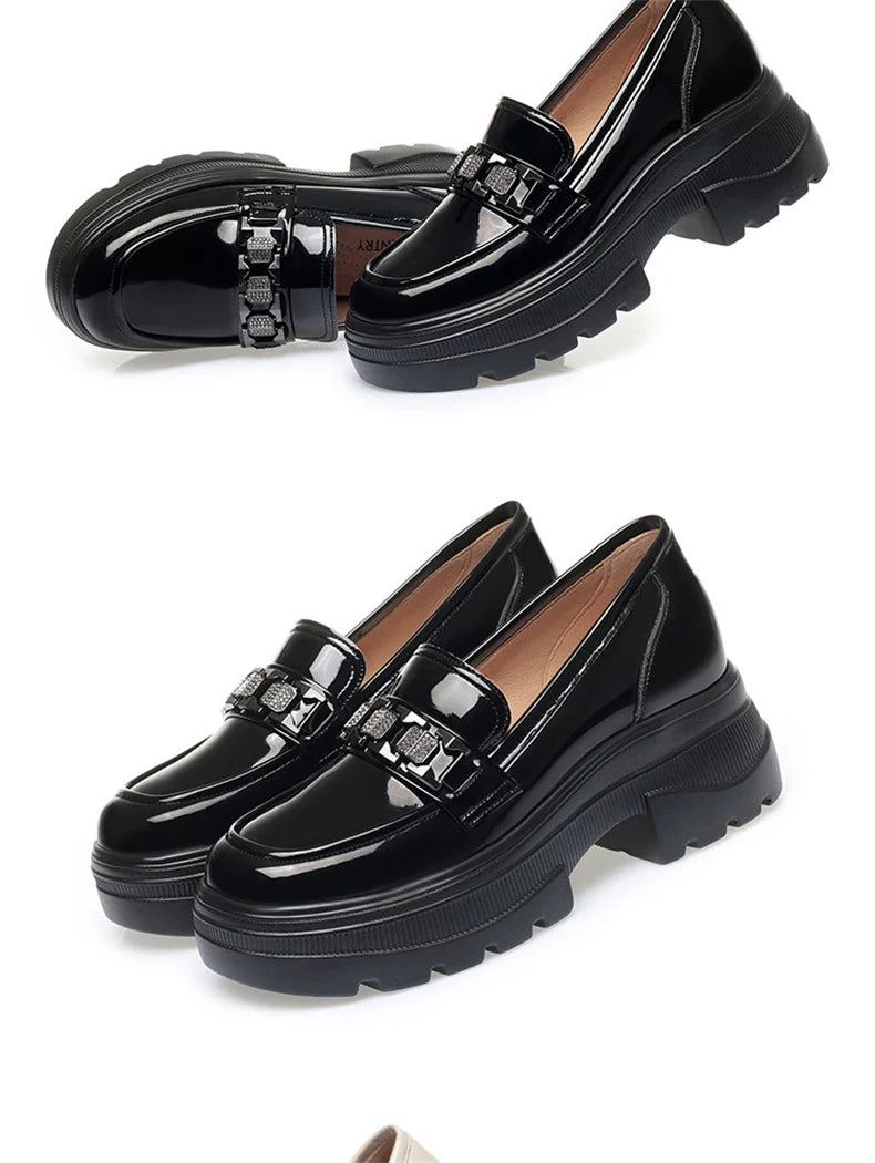 5.5cm British Style Thick Bottom Patent Leather Loafers Women's Platform Shoes 2024 Spring Shallow Block Heels Shoes Office