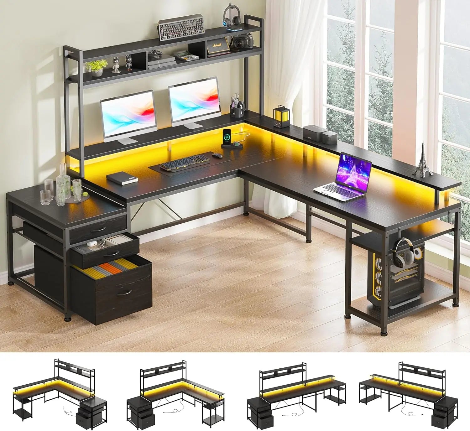 Escritorio para juegos en forma de L EnHomee con cajones, reversible, de 167 cm, para oficina en casa, con luz LED y tomas de corriente, color blanco.