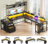 Escritorio para juegos en forma de L EnHomee con cajones, reversible, de 167 cm, para oficina en casa, con luz LED y tomas de corriente, color blanco.