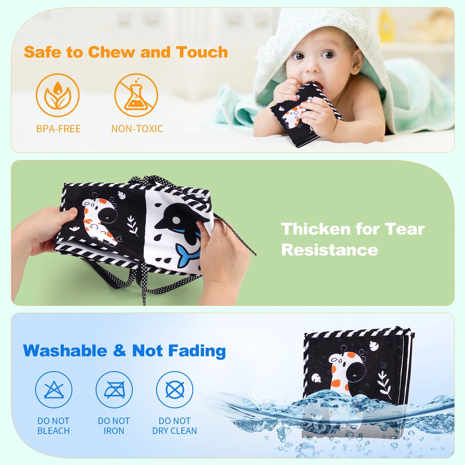 Livro de Pano de Alto Contraste para Bebês (0M+) – Brinquedos Sensoriais em Preto e Branco com Temática de Animais para Berço e Método Montessori