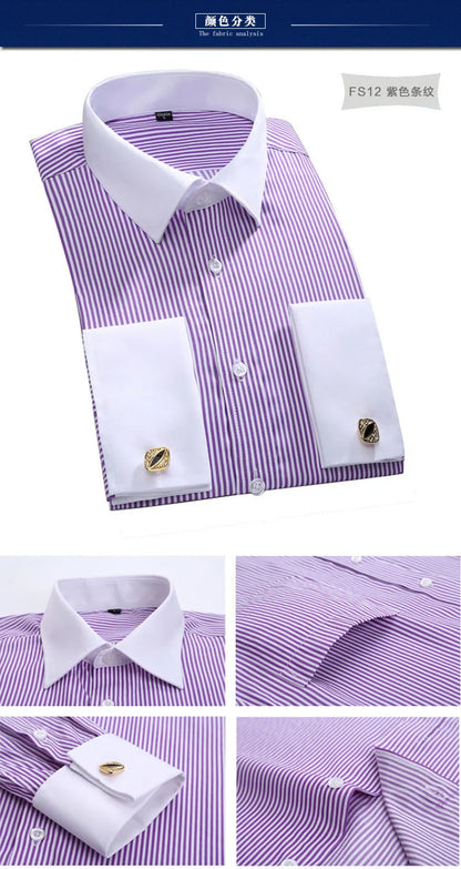 Camisa clásica de vestir para hombre con puños franceses, corte estándar, manga larga, para bodas, fiestas, oficina, trabajo, color blanco