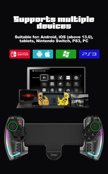 Mando Bluetooth Ipega PG-9777S para Nintendo Switch, Android, iOS, iPad y PC con luz RGB, vibración lineal y control extensible.