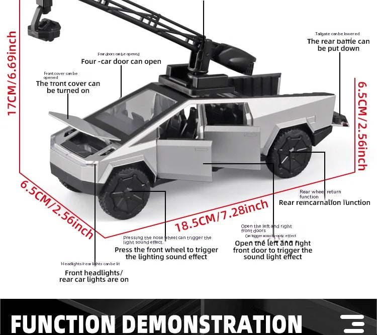 1:32 Toy Trucks for Boys Cybertruck Model Silver Pickup Truck Diecast Metal Toy Cars with Sound and Light for Kids Age 3 Year