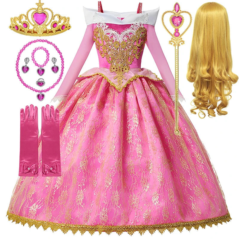 Girls Sleeping Beauty Aurora Cosplay Princess Dress Kids Rapunzel Frozen Elsa Cinderella Costume Party Clothing 2-10 Years