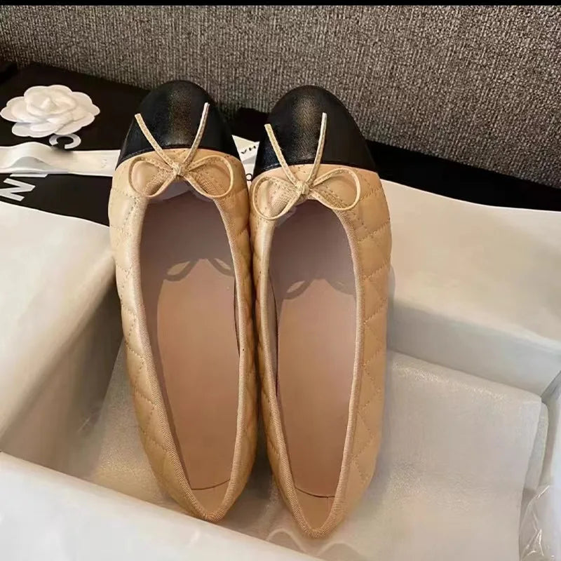 Women's Ballet Flat Shoes 2026 Spring New Round Toe French Elegance High-quality Leather Shoes Bow Comfortable Casual Shoes