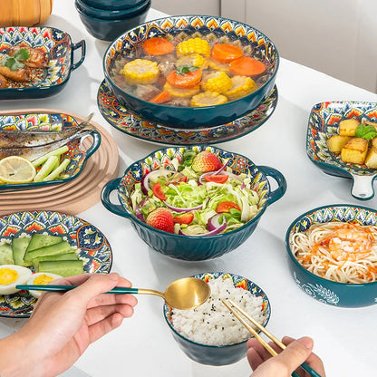 1Pcs Bohemia Retro Ceramic Dinner Plates Sets Food Plate Household Tableware Set Breakfast Plates Salad Soup Bowls Dinnerware