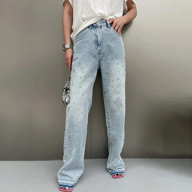BKQU - Pantalones vaqueros rectos y holgados para mujer, cintura alta, pierna ancha, con diamantes de imitación, largos, moda urbana 2021, pantalones brillantes con diamantes